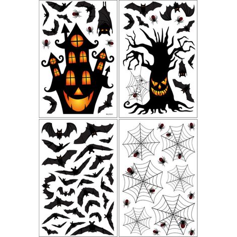 Schwarze, statisch haftende Halloween-Fensteraufkleber mit Baum, Haus, Fledermaus, Spinne und Spinnennetz, 4 Stück, Halloween-Dekoration, Halloween-Fensteraufkleber
