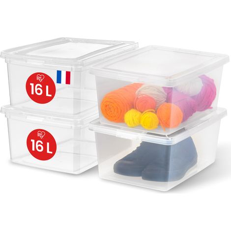 Iris Ohyama, Scatola di Plastica Multiuso, 16L, Lotto di 4, Trasparente, Chiusura Facile, Impilabile, per Camera da Letto, Cucina, Ufficio, Bagno, Vestiti, Giocattoli, Senza BPA, CNL-16E