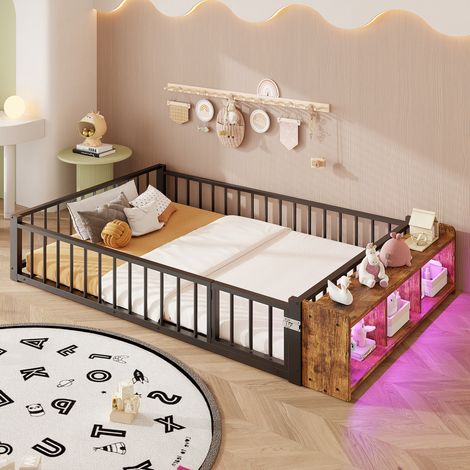 Lit enfant métal 140x200 cm avec garde-corps, casiers de rangement et bandes LED, cadre fer, sans matelas, noir