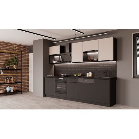 Küche SIENA + ARONA BASIC LOFT 280 cm Küchenzeile Küchenblock Einbauküche Kaschmir beige + Schwarz matt (1/5)