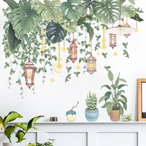 Sticker Décoration murale Feuilles vertes - motif plantes tropicales - Pour salon,chambre à coucher,couloir - mural (1/5)