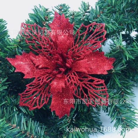 1x Décoration de Noël, fleur poinsettia rouge pailletée 13cm, tissu suspendu pour arbre, hôtel et restaurant