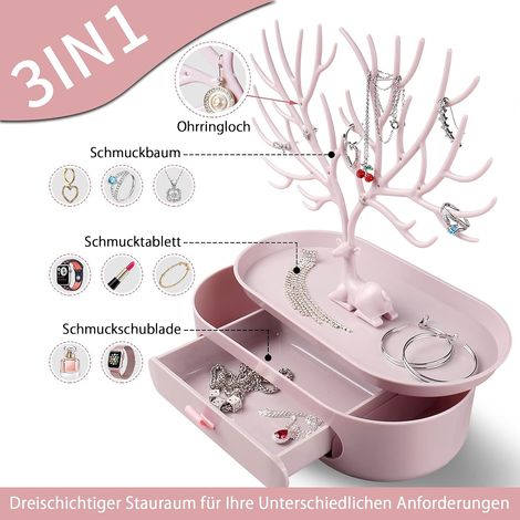 Tree Jewelry Display Stand, Plastic Jewelry Tree Stand with Drawers (Pink) (1/4)