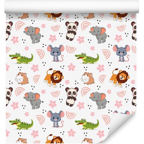 Papier peint animalier blanc, gris clair et corail pour salon et chambre 50x1000 (1/5)