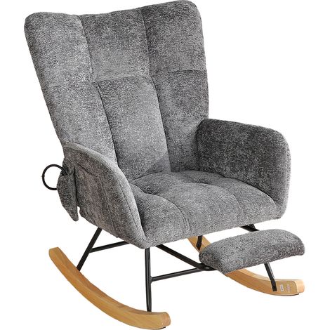 Sillón mecedora de chenilla gris oscuro con respaldo alto y reposapiés (1/5)