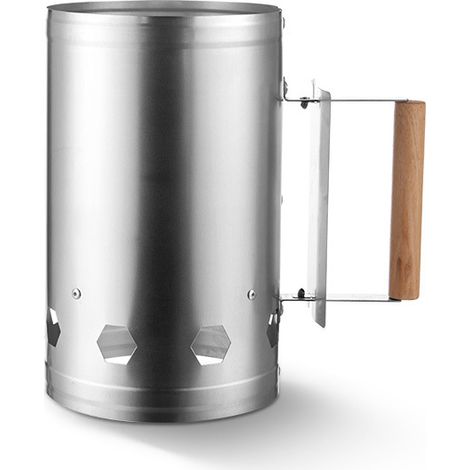 Chimenea de encendido para barbacoa con mango de madera, plateada, aprox. 17 x 27 x 27 cm (mango de madera, plateada) (1/5)