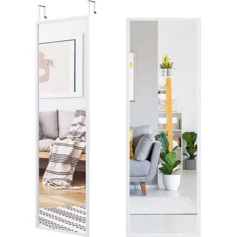 Specchio a figura intera per muro o porta con struttura in ferro, Specchio con 2 set di ganci regolabili Bianco (1/4)