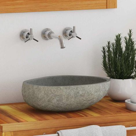 Waschbecken Aufsatzwaschtisch Waschschale für Badezimmer Flussstein Oval 29-38 cm DE63409 (1/5)