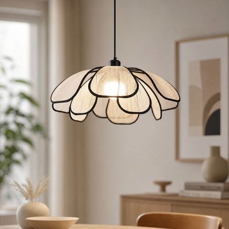 Lustre suspendu moderne en tissu forme fleur, structure métal laqué, LED 3000K lumière chaude douce, dim. Ø50xH19cm, idéal salon chambre (1/5)