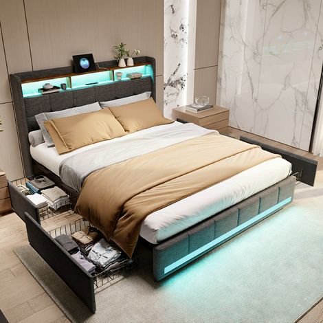 Fortuna Lai – Lit adulte 180x200 avec 4 tiroirs – Lit king size capitonné avec tête de lit bibliothèque et éclairage LED – Rangement optimal en tissu lin gris