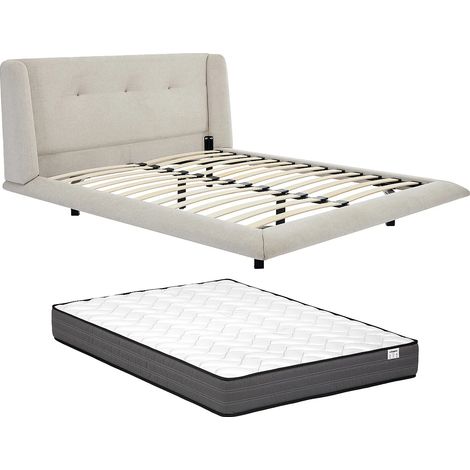 Lit 140 x 190 cm avec tête de lit capitonnée - Tissu - Beige + Matelas - PENAVI (1/5)