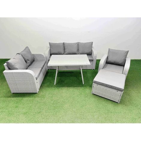 Fimous Rattan High Back Lounge Sofa Set Patio Dining Table & Chairs Set with 3 Seater Sofa Reclining Chair Big Stool Light Grey (1/4)