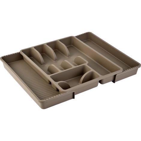1 range-couverts réglable marron, panier à couverts avec 8 compartiments, en plastique, sans BPA, porte-couverts, range-couverts pour tiroirs de cuisine, dimensions : 29-51 x 38 x 5 cm (1/5)