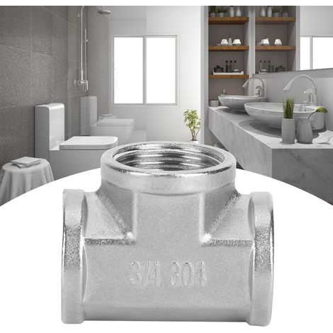 Raccord en T fileté en acier inoxydable 304 pour tuyaux industriels, étagères et outils ménagers. Filetage femelle 3/4 po x 3/4 po x 3/4 po. (1/5)