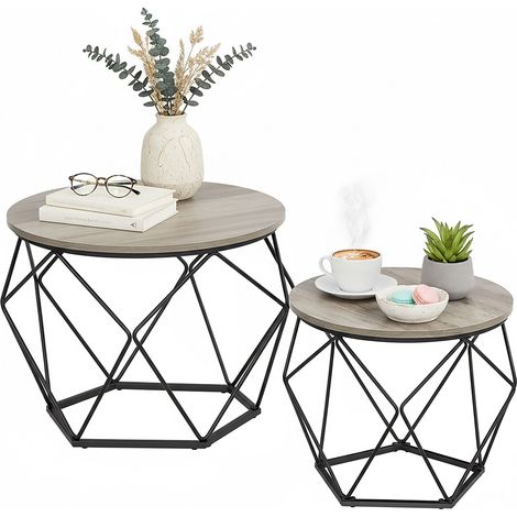 Relaxdays Couchtisch, 2er Set, Holzoptik & Metall, Vintage-Design, runde Beistelltische, Wohnzimmer, grau/schwarz