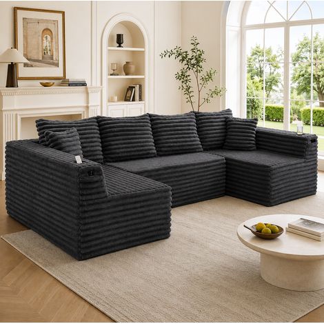 Canapé modulable 6 places, forme U avec porte-gobelets et poche latérale, en velours côtelé, gris foncé (1/5)