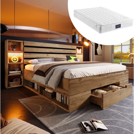 letto contenitore 160x200 LED USB rovere con materasso OKMYHOME (1/5)