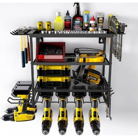Wandmontierter Werkzeugständer, robustes 4-stöckiges Metallregal mit Halterung für Akkuschrauber, ideal für die Garage. Auch für Schraubendreher und Hämmer geeignet.