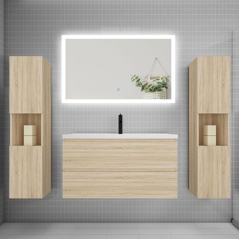 Ensemble meuble de salle de bains 100cm, simple vasque + colonne + LED miroir rectangulaire,chêne (1/5)