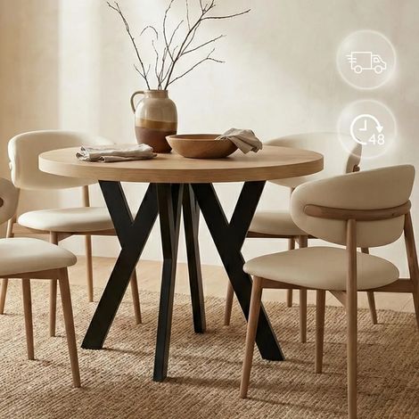 Table de salle à manger ronde extensible PERO, style loft, scandinave, diamètre : 90 / 140 cm, couleur : Craft Golden / noir