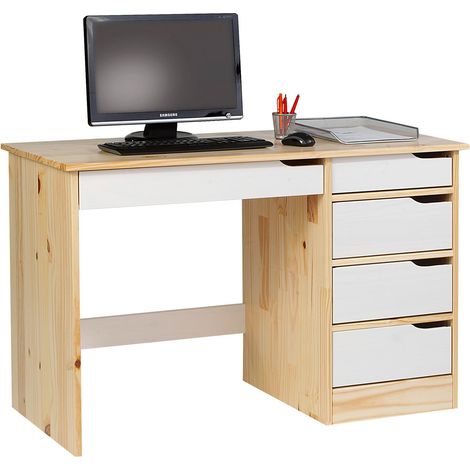 Idimex – Bureau droit en pin massif lasuré blanc/naturel – 5 tiroirs avec ouvertures biseautées – Dimensions 76 x 114 x 54 cm
