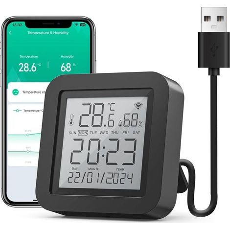 Thermomètre Hygromètre Connecté, WiFi Thermomètre Intérieur Capteur Humidité avec Alertes sur l'App, Contrôle par l’APP, Thermo-hygromètre pour Cave à Vin, Compatible avec Alexa (1/5)