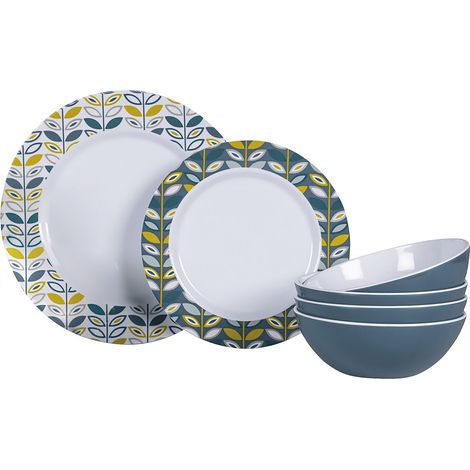 Ensemble vaisselle 12 pièces en mélamine haute résistance – 4 grandes assiettes Ø 26,5 cm – 4 assiettes à dessert Ø 21,5 cm – 4 bols 15,6 x 5,5 cm – Coloris bleu – Kampa
