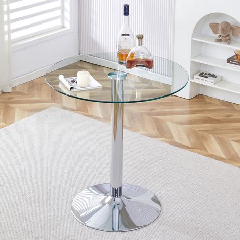 Runder Bartisch aus transparentem Glas, Ø 89 cm, H 92 cm, silberner Metallfuß HAVRYA (1/5)
