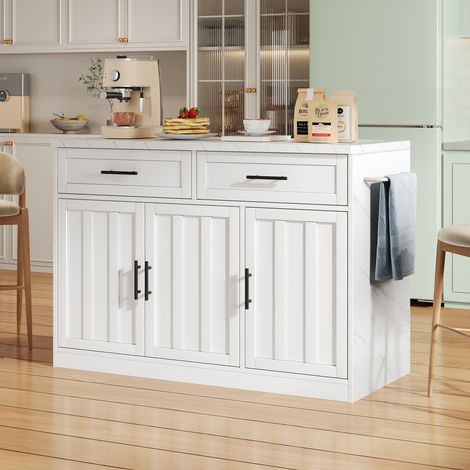 REDOM Desserte de cuisine 120x60x91 cm Bar intégré Rangement MDF Plateau effet marbre Prises USB porte serviette blanc