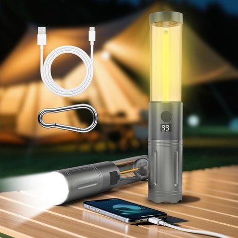Lampada da campeggio ricaricabile e torcia con luce telescopica a LED 2 x 1,6 stadi, uscita USB, schermo LCD, impermeabile fino a IPX4, per circa. (1/5)