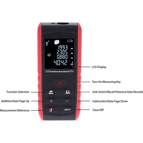 Télémètre laser numérique portable de 60 m avec indication d'angle, mesure de surface et de volume.