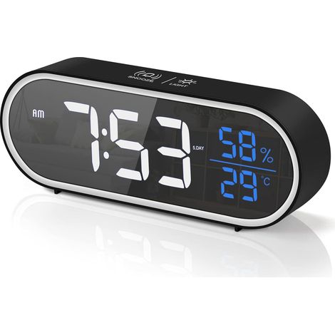 Digitaler Wecker mit großem LED-Display, Anzeige von Luftfeuchtigkeit und Temperatur, USB-Aufladung, Doppelalarm, 5 Helligkeitsstufen, intelligente Sprachsteuerung – Schwarz (1/5)