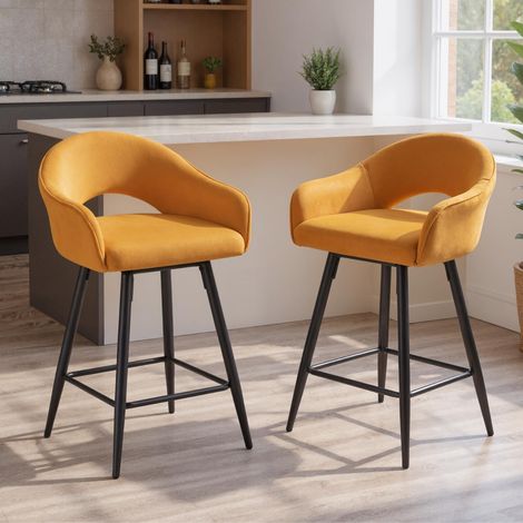 Wahson Bar Stools Set of 2 Upholstered in Velvet Counter Chairs with Hollow Backrest Swivel High Stools for Home Bar, Yellow