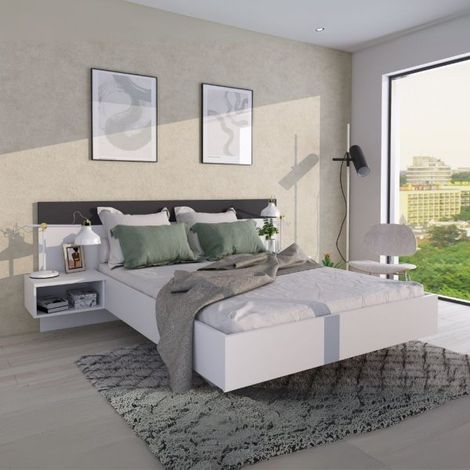 Letto francese 1514 effetto sospeso con comodini integrati colore bianco e antracite