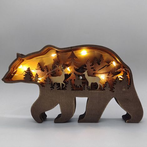 Brown bear wooden desk decoration with lights, forest animal table decorations, wooden trinket ornament for home - bear + light (1/5)