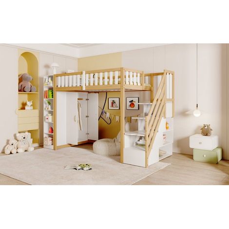 Lit mezzanine 90x200 cm blanc et bois naturel avec grande armoire, étagères, rangements et escalier, sommier 15 lattes inclus, charge 120 kg (1/5)