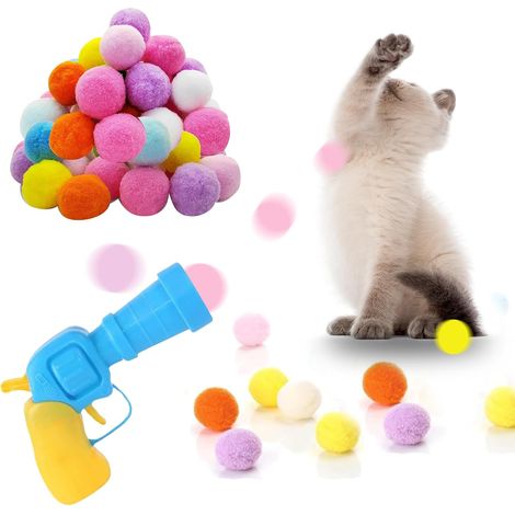 (20 balles & 1 Lanceur)Jouets de Lanceur de balles pour Chats, Jouets interactifs pour Chats balles Pompon avec Lanceur et balles Pompon Douces colorées (1/5)