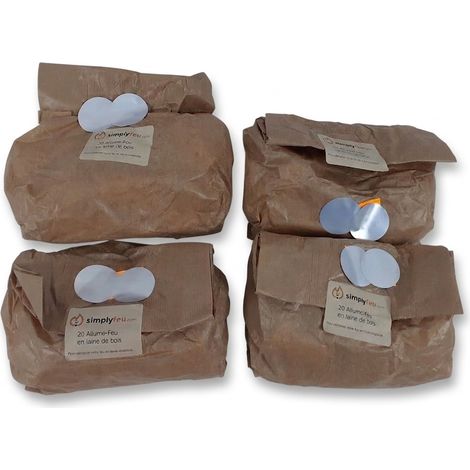 Lot de 4 - SIMPLYFEU - Allume-feu - 80 unités laine de bois - 4 sacs de 20 pièces - Poids total 1020 g - Matériau naturel - Voir photos pour détails (1/2)