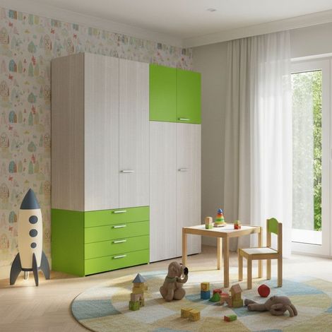 L.180 H.225,8 - Armadio con ante battenti e cassettiera interna - Verde mela e Rovere rock