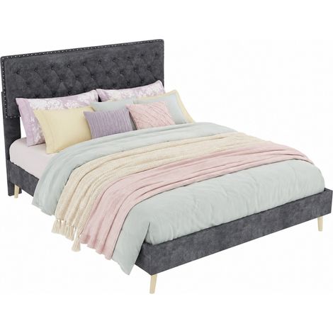 CHICFURN lit en tissu gris tête de lit haute rangement sous le lit 140 200 (1/5)