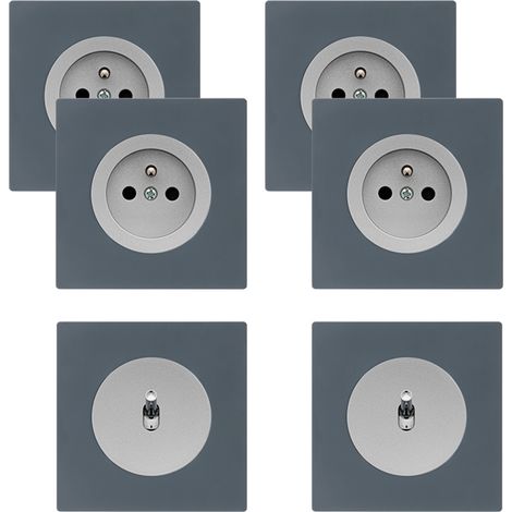 4 prises 2P+T + 2 va-et-vient ALU glossy DOM + 6 plaques simples blue grey - FONTINI (1/5)