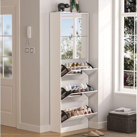 Zapatero con espejo de 5 puertas abatibles, 63 x 23,6 x 185 cm, blanco DESVIAE (1/5)