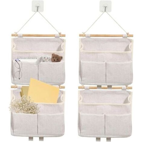 Juego de 4 organizadores colgantes - Bolsa de almacenamiento colgante - Tela de lino - Con 4 ganchos - Almacenamiento de pared plegable (crema) (1/5)