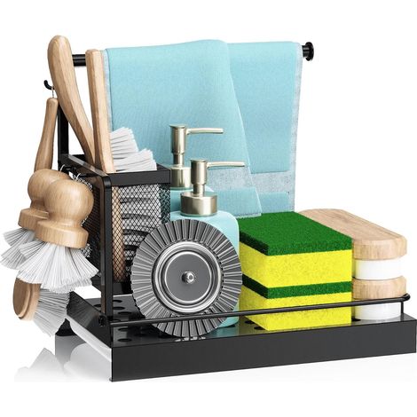 Étagère de rangement pour évier cuisine, porte-éponge en métal avec porte-brosse amovible et plateau drainage, distributeur savon crochets le comptoir (noir) Noir -'Parent'Noir'-
