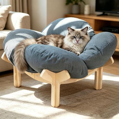 Lit surélevé pour chat avec coussin et pieds en bois, pour petits chats, chiens, 55 x 55 x 32 cm (1/5)