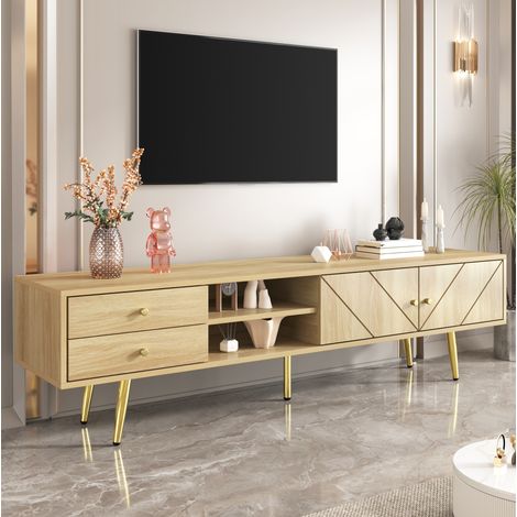 Meuble TV 160 cm avec 2 tiroirs, 2 portes et 2 niches, pieds dorés HAVRYA (1/5)