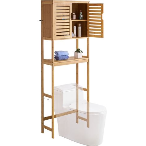 Meuble de Rangement WC Hauteur 175 cm, Rangement au Dessus des Toilettes ou Machine à Laver, avec Double Porte et Étagère Intérieure Réglable, Armoire de Salle de Bain Gain de Place, Naturel (1/5)