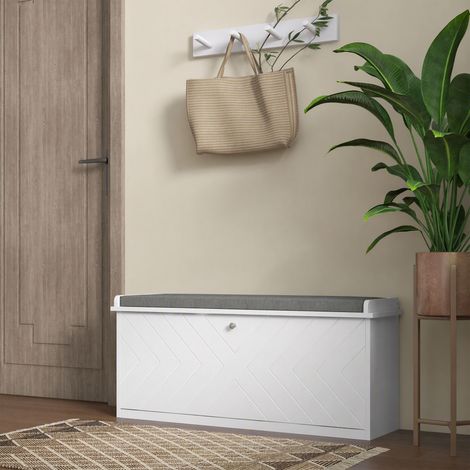 Banc à chaussures avec tiroir rabattable, coussin d'assise et étagère réglable, 100 x 26 x 48 cm, blanc (1/5)