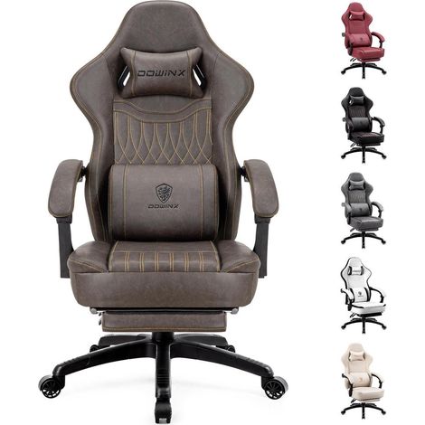 Gaming Stuhl mit Massage Lendenwirbelstütze, Fußstütze Braun PU Leder (1/5)