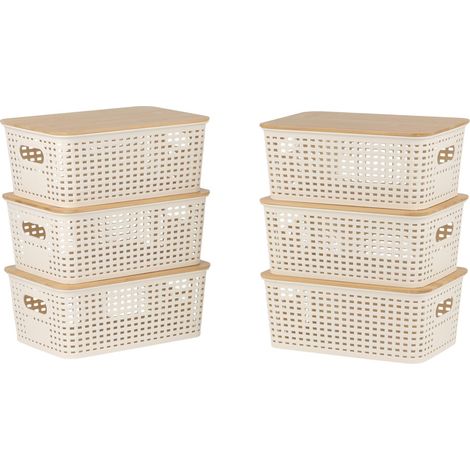 Relaxdays storage boxes, set of 6, plastic with bamboo lid & handles, HxWxD: 10.5x25.5x18 cm, organiser, white